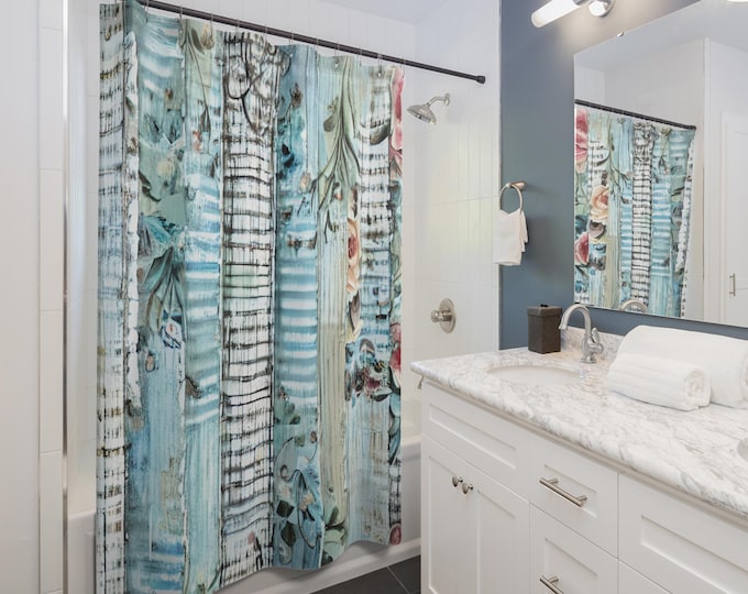 Distressed Wood Floral Shower Curtains - Vintage Bathroom Decor, Rustic Farmhouse Bath Curtain, Shabby Chic Floral Print, Boho Bathroom