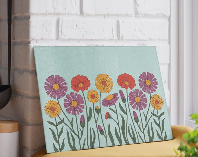 Retro Floral Glass Cutting Board, Vintage Flower Design, Kitchen Decor, Cooking Gift, Floral Decor, Retro Kitchen Accessories