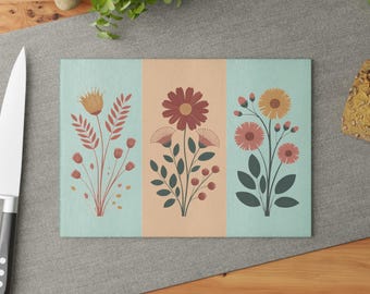 Dried Flowers Glass Cutting Board, Floral Cutting Board, Kitchen Decor, Botanical Glass Board, Gift for Chef, Cooking Utensil