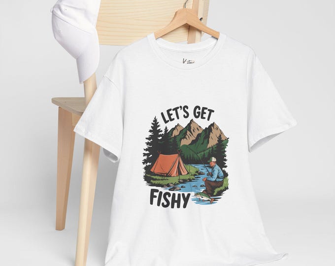 Let's Get Fishy Fun Camping and Fishing Unisex Heavy Cotton Tee, Mountain camping tee, gift for her or him
