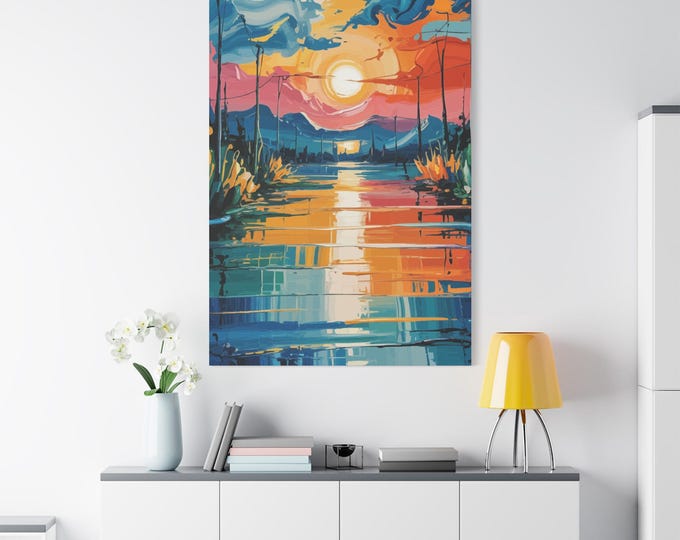 Abstract Sunset Canvas Art Print, Stretched Wall Decor, Colorful Home Artwork for Living Room, Gift for Nature Lovers, Modern Wall Art