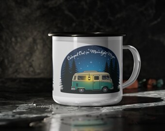 Enamel Cup with Vintage Camper Design, Cozy Camping Mug, Travel Cup, Outdoor Adventure Gift, Stars and Nature Decor