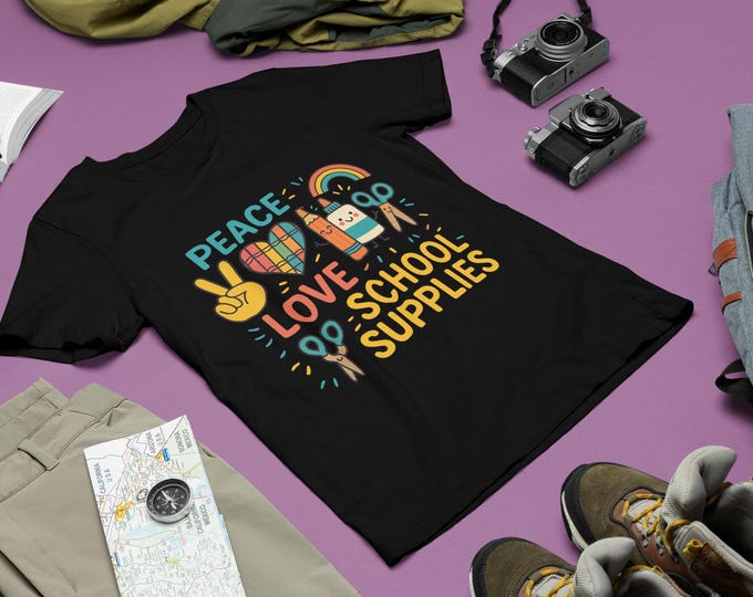 Peace Love School Supplies Shirt, Cute Back to School Tee for Kids, Teacher Gift T-Shirt, Rainbow Classroom Graphic Tee