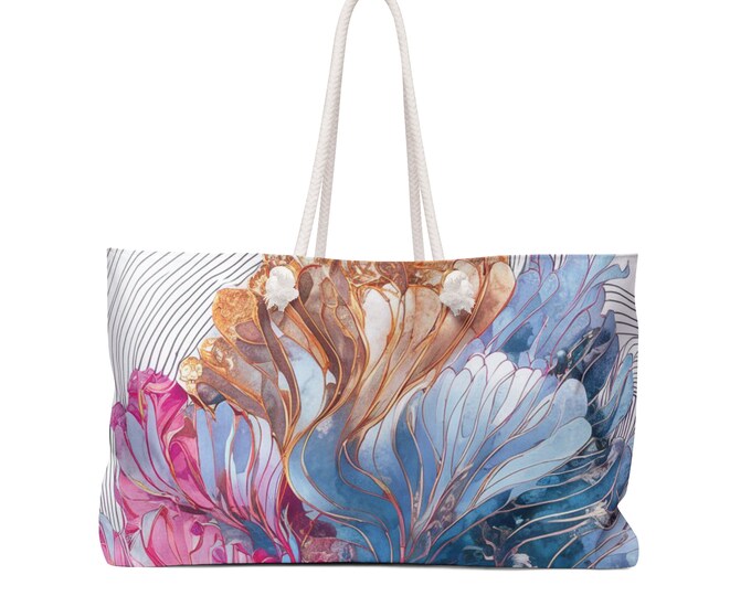 Weekender Bag with Golden Floral Design, Travel Duffel Bag, Overnight Bag for Women, Floral Print Tote