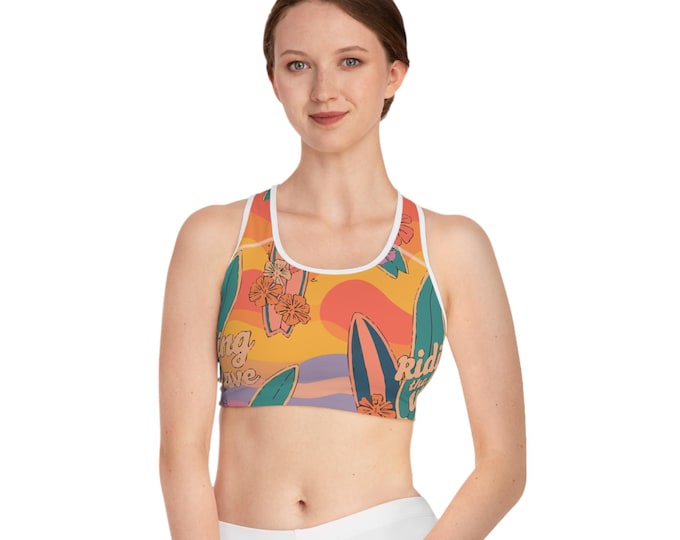 Riding the Wave Sports Bra - Colorful Surfing Activewear, Summer Workout Top, Yoga Bra, Beach Ready Apparel, Fitness Gear