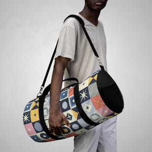 Retro Geometric Duffel Bag, Stylish Gym Bag, Weekend Travel Bag, Modern Tote for Her and Him, Unique Gym Holdall
