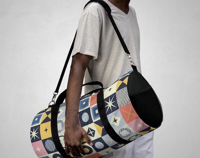 Retro Geometric Duffel Bag, Stylish Gym Bag, Weekend Travel Bag, Modern Tote for Her and Him, Unique Gym Holdall
