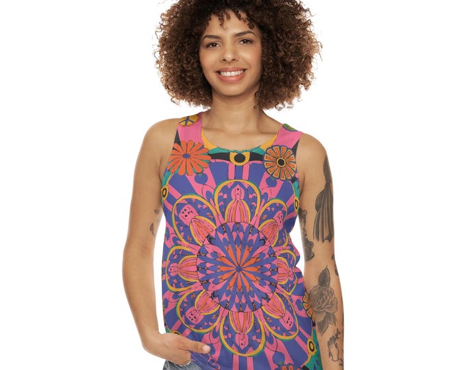 Colorful Psychedelic Bohemian Tank Top, Peace Sign Summer Shirt, Festival Wear, Yoga Top, Vibrant Graphic Tee
