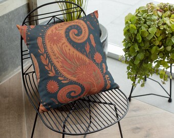 Paisley Floral Pillow, Home Decor Accent for Couch, Sofa, Bed - Throw Cushion, Living Room Decoration, Boho Chic Bedroom Accessory, Square