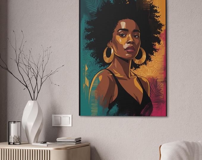 Empowering Afro Art Canvas, Vibrant Wall Decor, Afrocentric Art, Black Woman Portrait, Home Aesthetic, Unique Gift