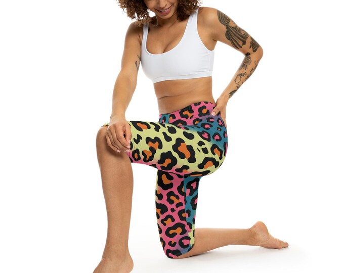 Vibrant Leopard Print Capri Leggings for Women, Stylish Workout Leggings, Casual Summer Pants, Activewear, Fitness Apparel