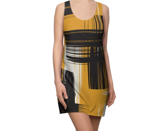 Chic Yellow Black Abstract Racerback Dress, Trendy Summer Dress, Casual Day Dress, Stylish Beach Cover-Up, Vibrant Party Dress