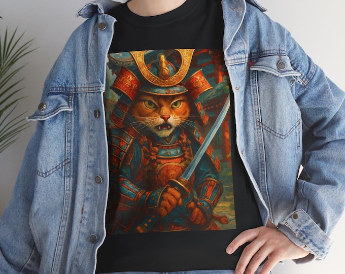 Samurai Cat Unisex Tee, Japanese Cat Shirt, Ninja Kitty Tshirt, Samurai Feline Top, Martial Arts Cat Clothing