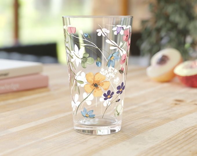 Watercolor Flowers Pint Glass, Floral Design, 16oz