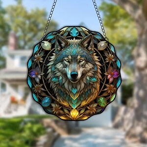 Acrylic Wolf Suncatcher, Stained Acrylic Window Hanging, Outdoor, Housewarming, Home Decor, Garden Decor, gift for mom, birthday gift