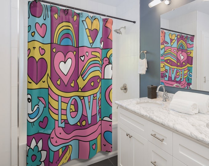 Retro Heart Love Shower Curtain – Vintage 70s Romance, Waterproof Polyester 71×74