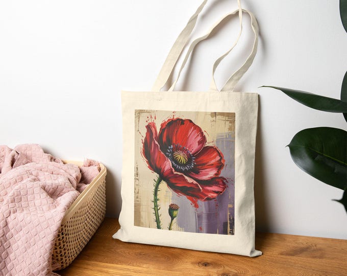 Red Floral Tote Bag, Floral Canvas Bag, Red Flower Shopping Bag, Nature Print Handbag, Botanical Market Tote, Eco-Friendly Reusable Bag