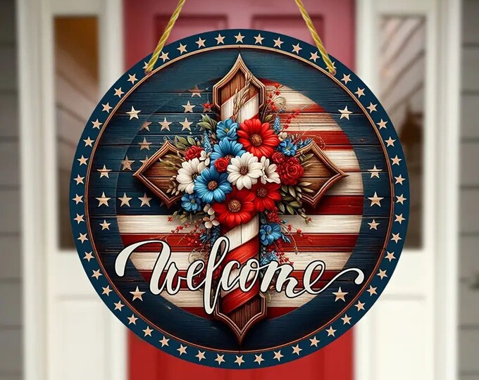 Welcome American Cross Flag Patriotic Hanging Decoration, Acrylic Cross Wreath Sign, Welcome Sign, Garden Art, Great Religious Gift