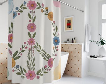Bohemian Floral Peace Shower Curtain, Vintage Bathroom Décor, Hippie Chic Home Accessories, Sustainable Fabric Shower Drapes
