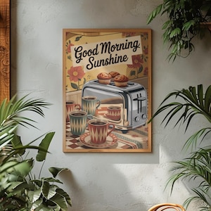 Good Morning Sunshine Framed Poster | Vintage Kitchen Decor, Wall Art, Coffee Lover Gift, Retro Home Accent, Breakfast Room Decoration