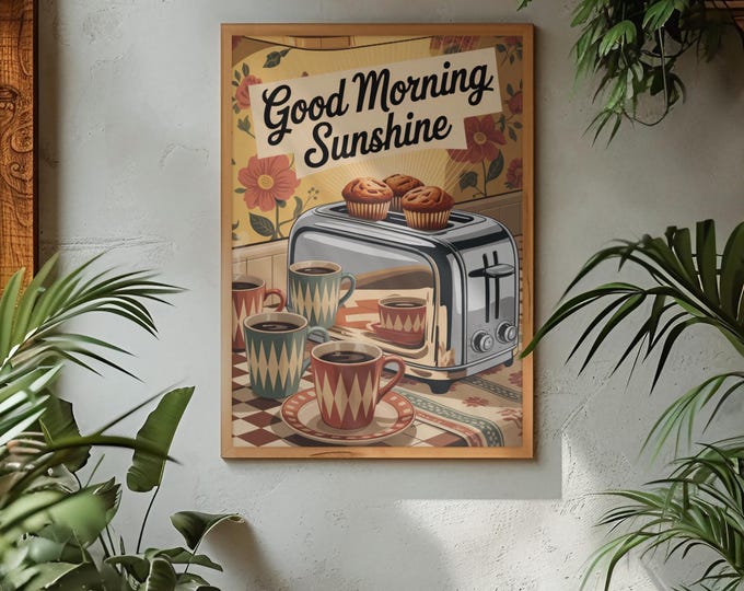 Good Morning Sunshine Framed Poster | Vintage Kitchen Decor, Wall Art, Coffee Lover Gift, Retro Home Accent, Breakfast Room Decoration