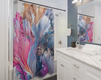 Modern Floral Shower Curtain, Abstract Flowers Bathroom Decor, Flower Print Bath Curtain, Nature Inspired, Botanical Bathroom