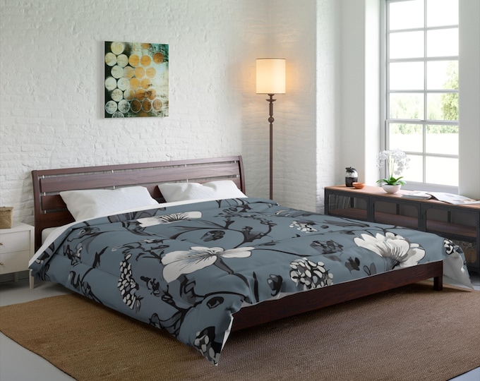 Floral Comforter, Black and White Bedding, Floral Bedroom Decor, Home Textile, Botanical Comforter Set, Bedroom Makeover