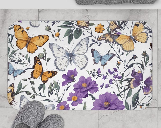 Butterflies Purple Flowers Bath Mat, Floral Bathroom Decor, Non-Slip Mat, Nature Lover Gift, Lavender