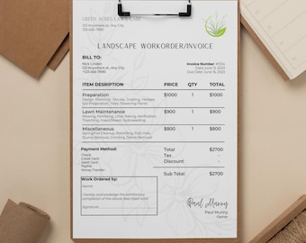 Landscaper Work Order/Invoice Editable Template, Printable Invoice, Digital Invoice Form, Letter Size Small Business Canva Template