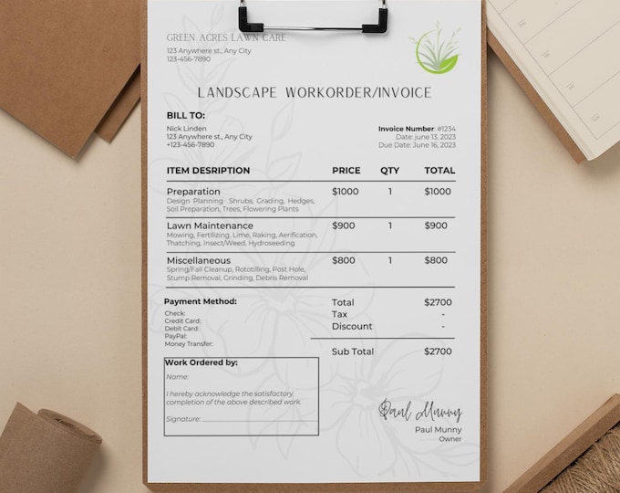 Landscaper Work Order/Invoice Editable Template, Printable Invoice, Digital Invoice Form, Letter Size Small Business Canva Template
