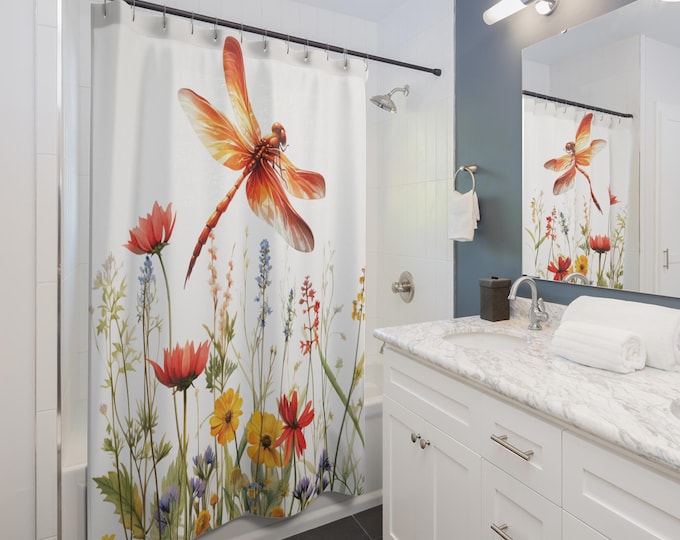 Dragonfly Floral Shower Curtain, Wildflower Bathroom Decor, Nature Lover Gift, Vintage Flower Print, Unique Bathroom Decor