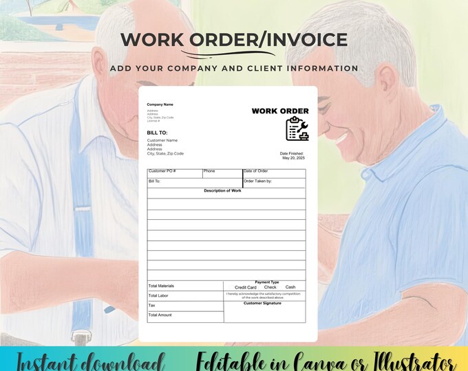 Editable Work Order Invoice Template, Work Management Form, edit in Canva, edit in Illustrator, Instant download