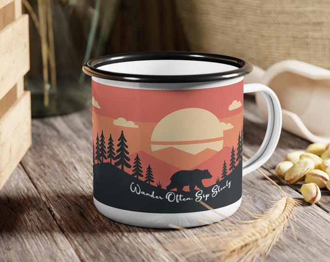 Adventurous Enamel Camp Cup - Wander Often, Sip Slowly | Great for Camping, Hiking, Outdoor Events, Gifts, and Home Use