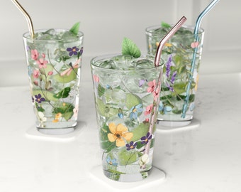 Set of 3 Nature Inspired Pint Glass, 16oz, Pressed Flowers Design, Botanical Drinkware, Floral Glassware