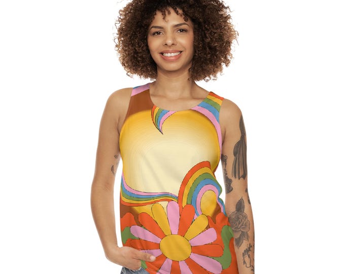 Retro Sunshine Tank Top, Vintage Floral Tank, Summer Festival Top, Boho Chic Activewear, Beachwear, Casual Loungewear