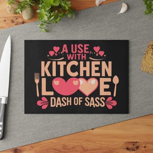 Kitchen Love Glass Cutting Board, Heart Design, Foodie Gift, Food Lover, Kitchen Decor, Gift for Her