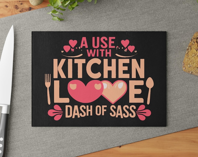 Kitchen Love Glass Cutting Board, Heart Design, Foodie Gift, Food Lover, Kitchen Decor, Gift for Her
