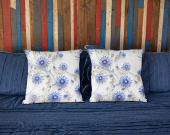 Blue Cornflower Spun Polyester Square Pillows, Floral Decorative Pillow, Flower Accent Pillow, Colorful Cushion, Home Decor