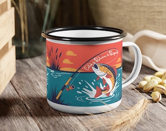 Fishing Enamel Camp Cup | Outdoor Adventure Mug, Gift for Fishermen, Camping Accessory, Summer Drinkware