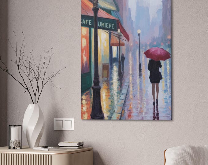 Rainy Day Canvas Art Print, Cozy Home Decor, Inspirational Artwork, Wall Hanging for Coffee Lovers, Gift for Various Occasions