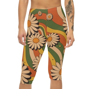 Boho Floral Capri Leggings, Retro Daisy Print, Yoga Pants, Dance Apparel, Summer Essential, Casual Wear