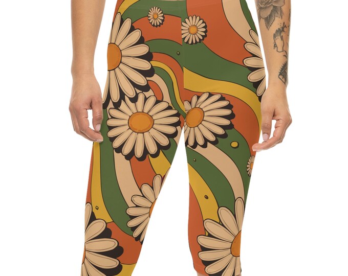 Boho Floral Capri Leggings, Retro Daisy Print, Yoga Pants, Dance Apparel, Summer Essential, Casual Wear