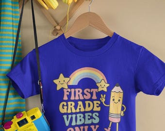 First Grade Vibes Only Shirt, Back to School Shirt for Girls, Cute Rainbow Pencil Tee, 1st Grade Graphic T-Shirt