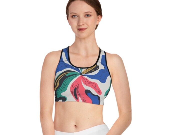 Colorful Abstract Sports Bra, Feminine Activewear, Yoga Top, Fitness Apparel, Workout Essentials, Gym Wear