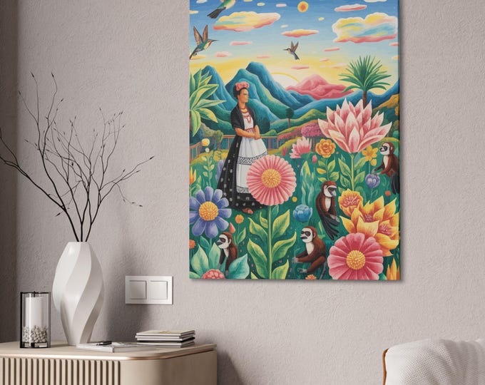 Frida Kahlo Canvas Wall Art, Colorful Home Decor, Floral Art Piece, Boho Inspired Art, Gift for Art Lovers