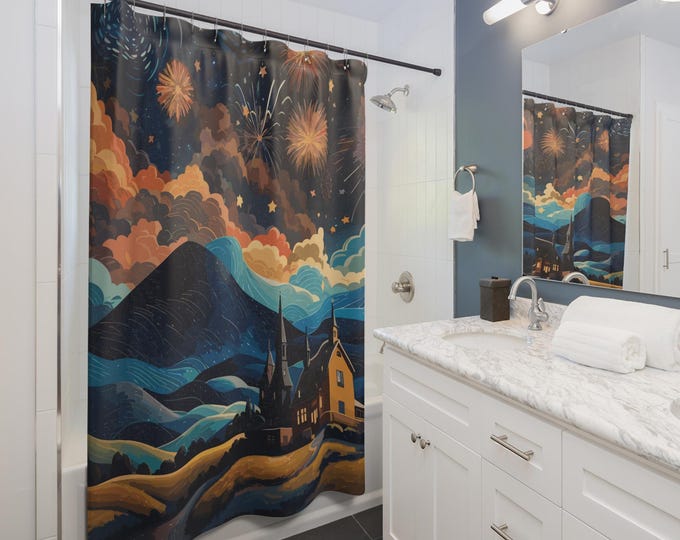 Night Sky VanGogh Style Shower Curtains - Bathroom Home Decor, Starry Night Artwork Bath Curtain, Galaxy Print Water Repellent Decorative