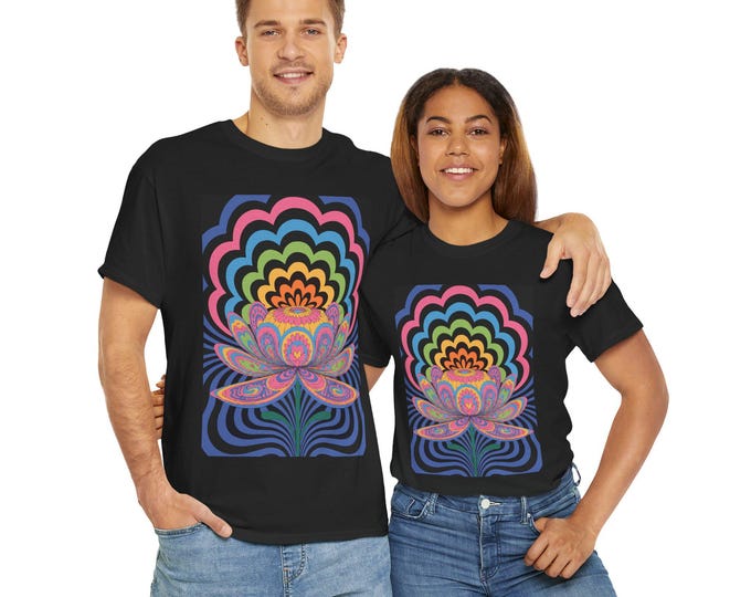 Colorful Psychedelic Lotus Graphic Tee, Floral T-Shirt, Vibrant Botanical Shirt, Garden Theme Top, Spring Summer Unisex Tee