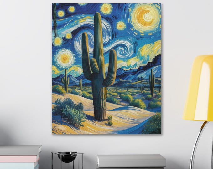 Cactus Starry Night Canvas Art, Southwest Decor, Bohemian Wall Art, Unique Gift, Home Decoration, Nature Inspired