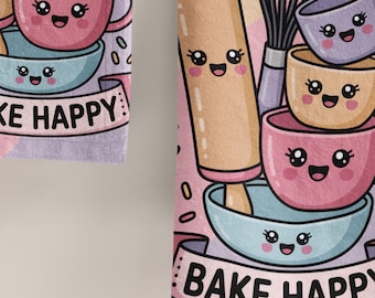 Happy Baking Hand Towel, Kitchen Decor, Gift for Bakers, Cute Bake Happy Towel, Cooking Accessory, Mug Design, Chef Gift