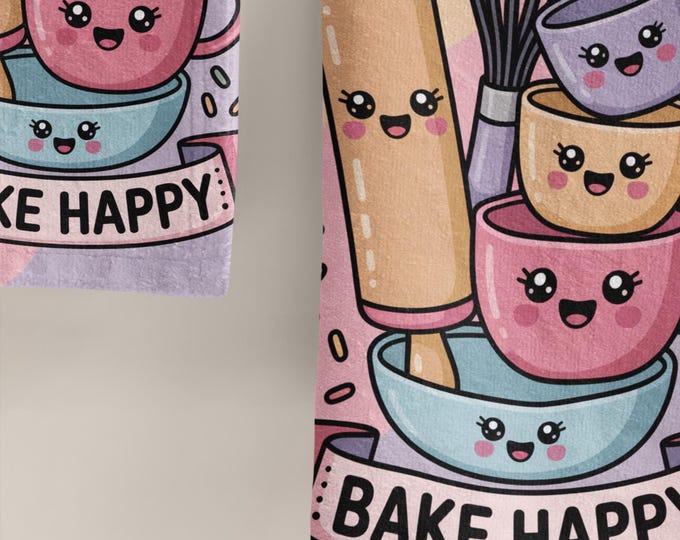 Happy Baking Hand Towel, Kitchen Decor, Gift for Bakers, Cute Bake Happy Towel, Cooking Accessory, Mug Design, Chef Gift